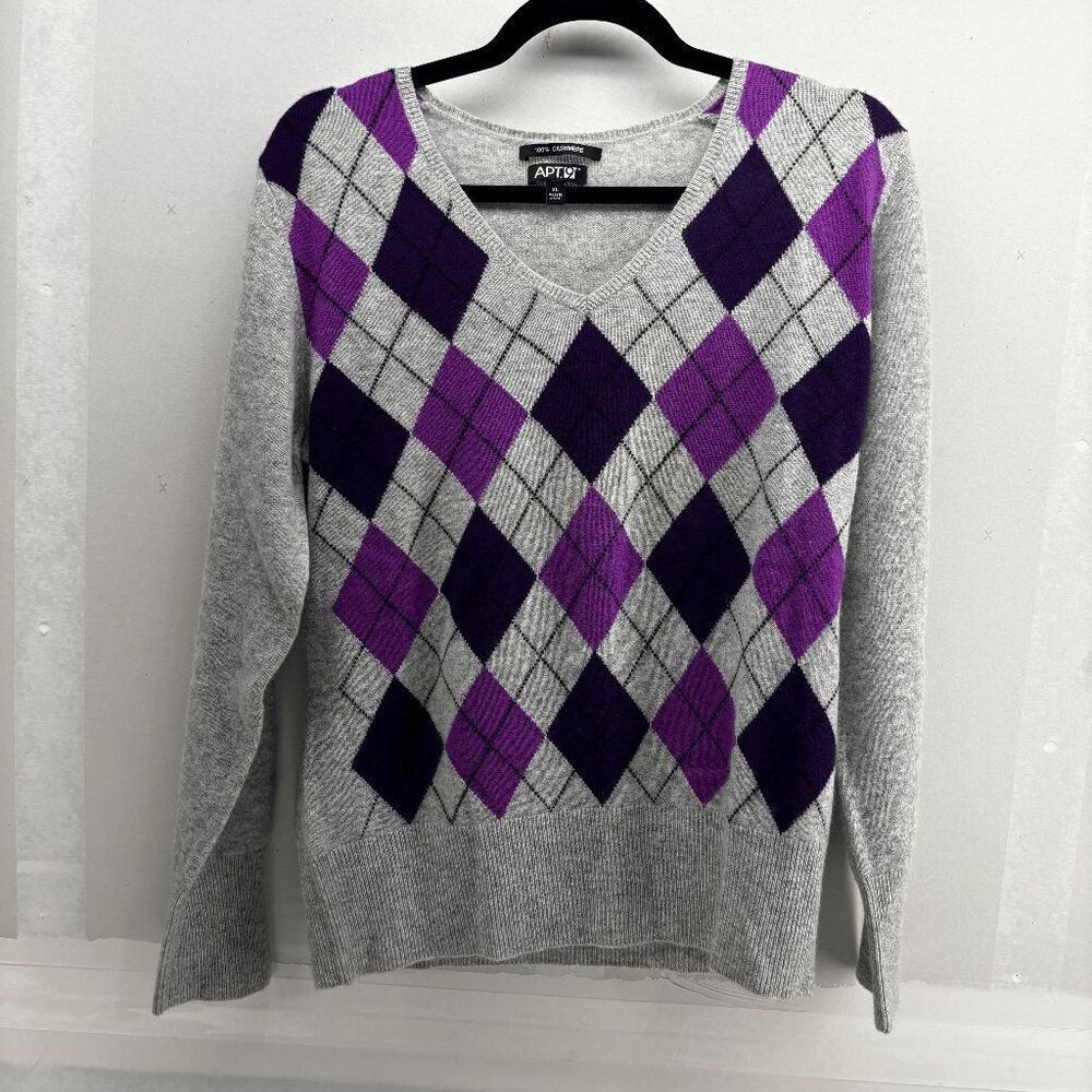 Apt 9 Argyle‎ V-Neck 100% Cashmere Sweater Size XL Purple Grey Academia Soft EUC